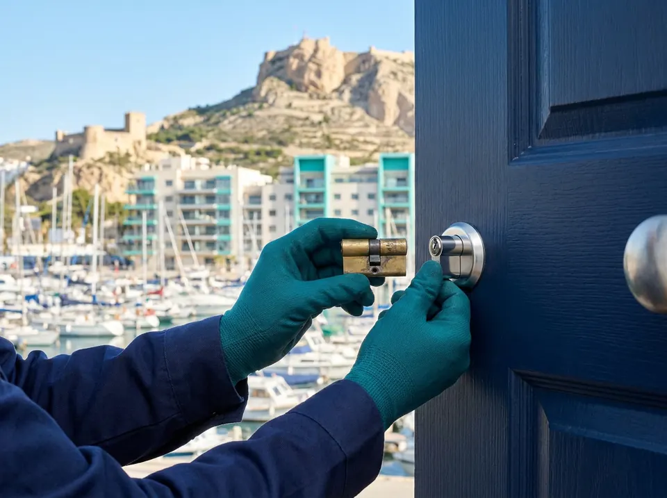 Cerrajero sustituyendo el bombín de una puerta de madera azul