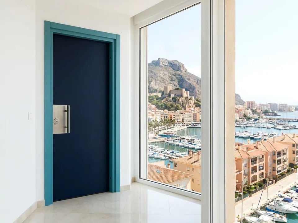 Puerta blindada azul marino con escudo de seguridad en un recibidor luminoso