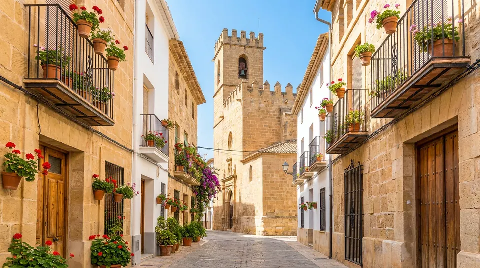 Casco antiguo de Jávea, con fachadas de piedra dorada, balcones de forja y la iglesia fortificada