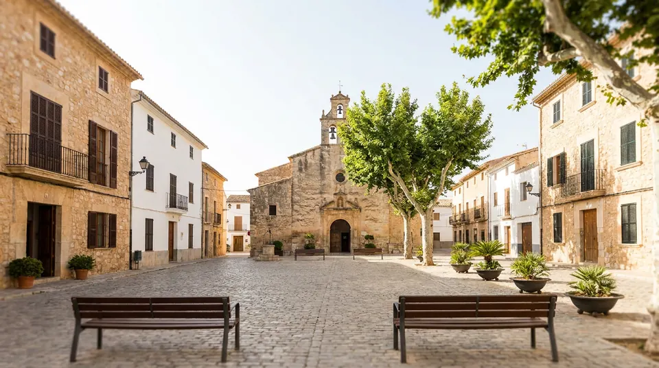 Plaza de Ondara con iglesia y campanario, casas bajas blancas y crema y plátanos de sombra